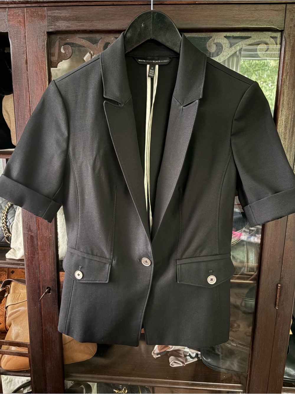 White House Black Market Blazer Jacket Womens 0 Cotton Blend Black Short Sleeve